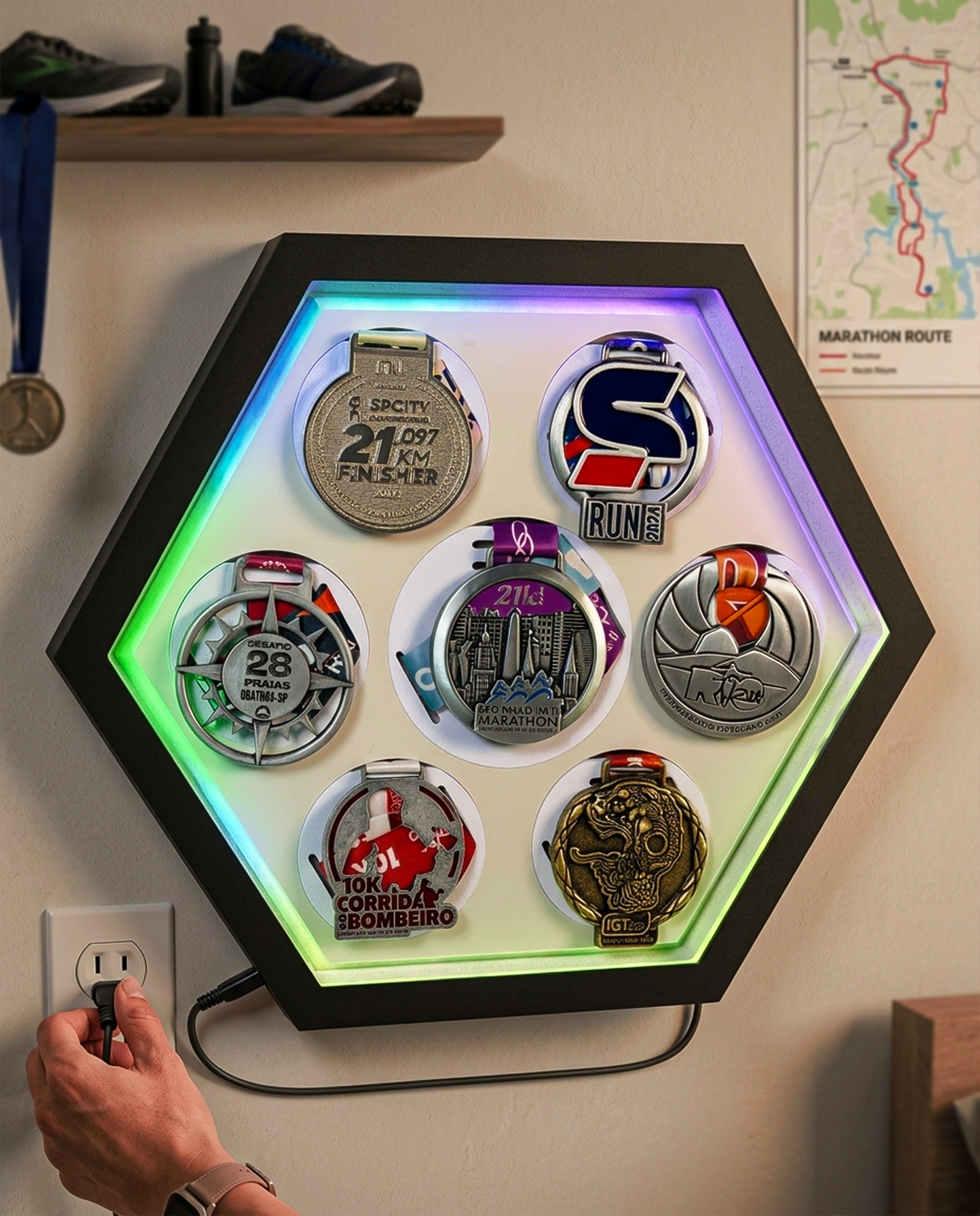 Porta Medalhas Iluminado com LED Digital – Exiba Suas Conquistas com Estilo e Tecnologia - Branco
